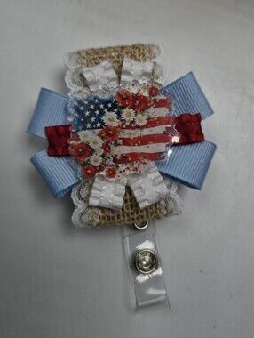OOAK Handmade American Flag Badge Reel Patriotic USA Daisy Name Tag Holder Nurse